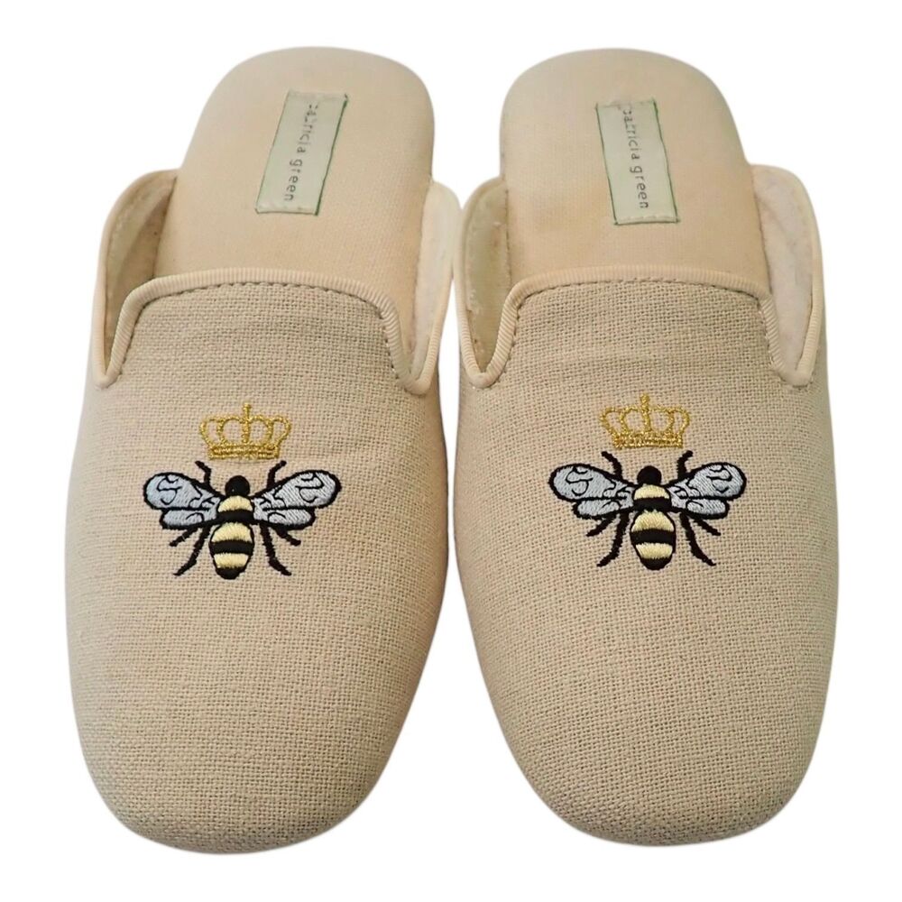Patricia Green Queen Bee Slippers 7 Linen Slip-On Mule Embroidered House Shoes